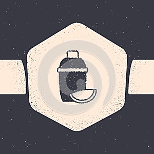 Grunge Cocktail shaker with lime icon isolated on grey background. Monochrome vintage drawing. Vector