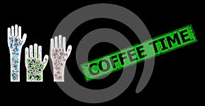 Grunge Coffee Time Badge and Network Voting Hands Web Mesh with Bright Flares