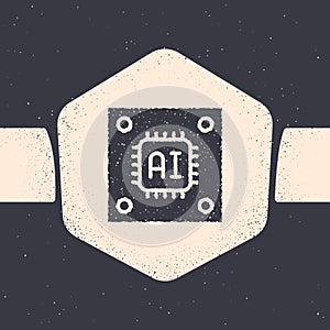 Grunge Computer processor with microcircuits CPU icon isolated on grey background. Chip or cpu with circuit board sign