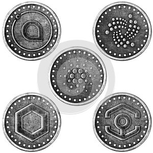 Grunge Crypto Silver Coin, Token Set - ADA, ANKR, SIA, IOTA, CHAIN