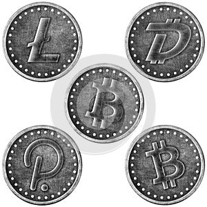 Grunge Crypto Silver Coin, Token Set - BTC, BTC Cash, DGB, DOT, LTC