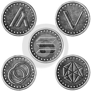 Grunge Crypto Silver Coin, Token Set - SOL, ALGO, Celo, ALBT, VET photo