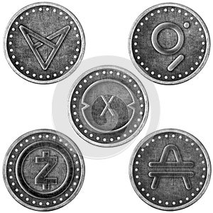 Grunge Crypto Silver Coin, Token Set - VXV, XDC, GRT, ZCash, Amp