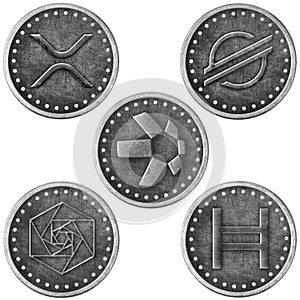Grunge Crypto Silver Coin, Token Set - XRP, XLM, QNT, HBAR, DAG photo
