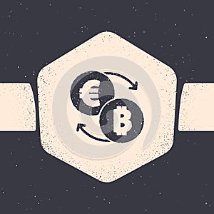 Grunge Cryptocurrency exchange icon isolated on grey background. Bitcoin to euro exchange icon. Cryptocurrency