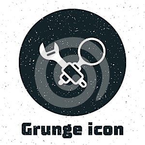 Grunge Debugging icon isolated on white background. Debugging tool. Magnifying glass on bug programming. Testing and