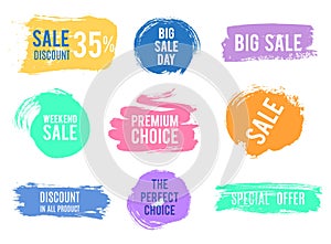 Grunge discount sale badges. Special offer banners, brush textured labels. Isolated promotional vector elements