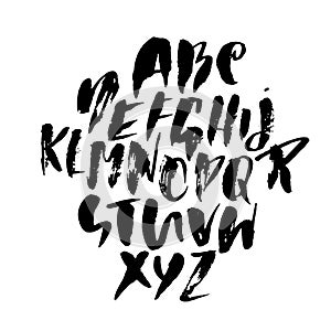 Grunge distress font. Modern dry brush ink letters. Handwritten alphabet. Vector illustration.