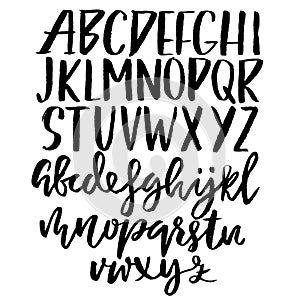 Grunge distress font. Modern dry brush ink letters. Handwritten alphabet. Vector illustration.