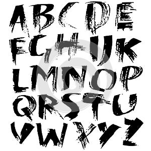 Grunge distress font. Modern dry brush ink letters. Handwritten alphabet. Vector illustration.