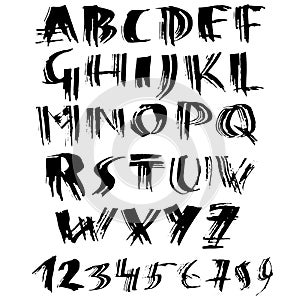 Grunge distress font. Modern dry brush ink letters. Handwritten alphabet. Vector illustration.