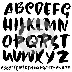 Grunge distress font. Modern dry brush ink letters. Handwritten alphabet. Vector illustration.