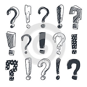 Grunge doodle sketch exclamation and question marks vector set