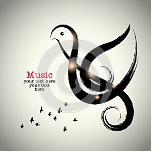 Grunge drawing black clef with brushwork and bird shape