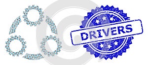 Grunge Drivers Stamp and Recursive Gear Planetary Transmission Icon Composition