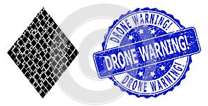 Grunge Drone Warning! Round Seal Stamp and Recursive Filled Rhombus Icon Mosaic