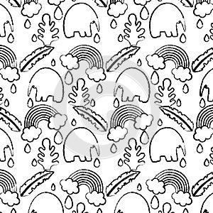 Grunge elephant with leaves and rainbow cloud background