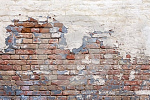 Grunge empty red stonewall background. Old brick wall texture. Painted distressed wall surface. Weathered building facade with old