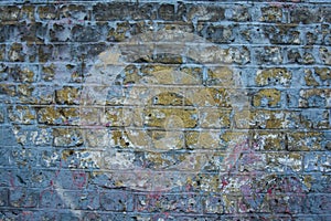 Grunge, english dirty old brick stone wall, outdoor building. Weathered textured pattern background with copy space for text