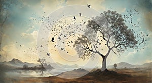 Grunge fantasy landscape with birds flying towards a lone tree. Surrealist illustration.