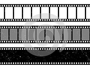 Grunge film strips collection. Old retro cinema movie strip. Video recording. Vector illustration.