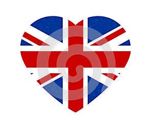 Grunge flag of Great Britain, UK. English banner with scratched texture in shape heart. Vector icon of flag of England