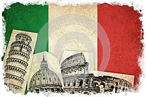 Grunge Flag of Italy with monuments