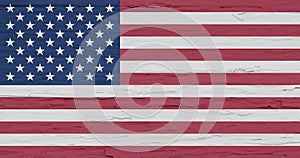 Grunge flag of USA. Isolated American banner on white wooden background. Painted rough vintage backdrop. U.S