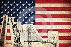 Grunge Flag of USA with monuments