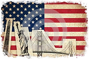 Grunge Flag of USA with monuments