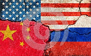 Grunge flags illustration of three countries with conflict and political problems cracked concrete background | USA, China and
