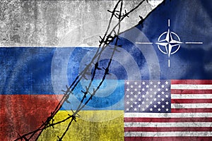 Grunge flags of Russian Federation, NATO, USA and Ukraine divided by barb wire illustration