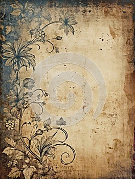 A grunge floral design on a faded paper background. Generative AI