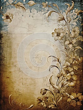 A grunge floral design on a faded paper background. Generative AI