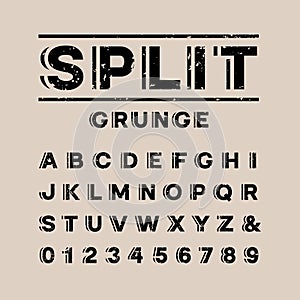 Grunge font. Vector alphabet with split effect letters