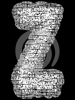 Grunge font.White threadbare uppercase letter on black background.