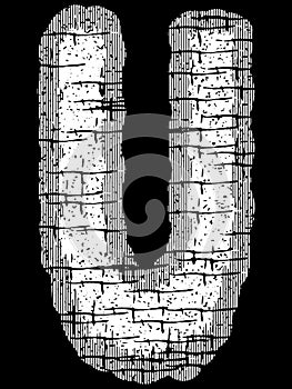 Grunge font.White threadbare uppercase letter on black background.