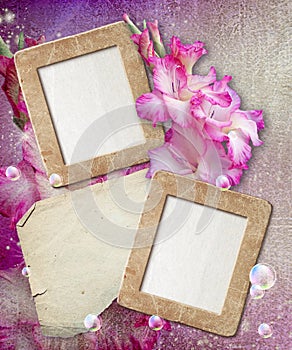 Grunge frame with gladiolus and paper