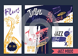 Grunge freehand Jazz Music banner set. Hand drawn illustration with brush strokes for festival.