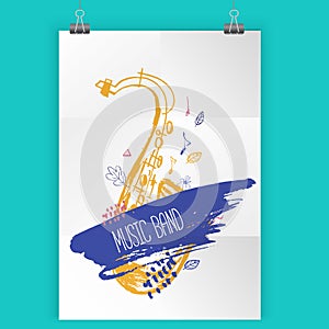 Grunge freehand Jazz Music poster. Hand drawn illustration with brush strokes for festival placard and flyer, concert