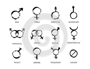 Grunge Gender icon set with different sexual symbols female, male, bisexual, agender, transgender. Mars and Venus signs photo