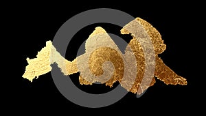 Grunge Gold and bronze glitter color smear painting blots on black. Abstract glow shiny background