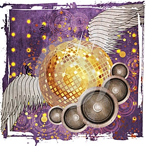 Grunge gold disco ball with wings