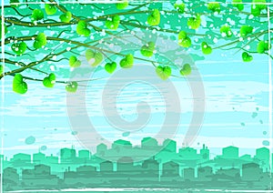 Grunge green ecological city under tree branches