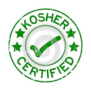 Grunge green kosher certified word with mark icon round rubber stamp on white background