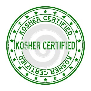 Grunge green kosher certified word rubber stamp on white background