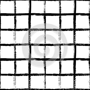 Grunge grid seamless pattern. Abstract plaid texture hand drawn with a ink brush strokes. Vector Monochrome background