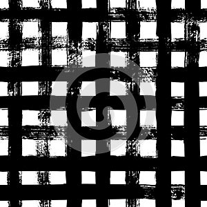 Grunge grid seamless pattern. Abstract plaid texture hand drawn with a ink brush strokes. Vector Monochrome background