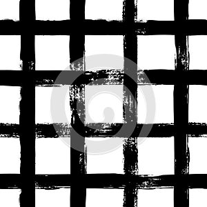 Grunge grid seamless pattern. Abstract plaid texture hand drawn with a ink brush strokes. Vector Monochrome background