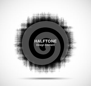 Grunge halftone frame. Circle dots background. Grungy half tone spot. Logo design element. Vector